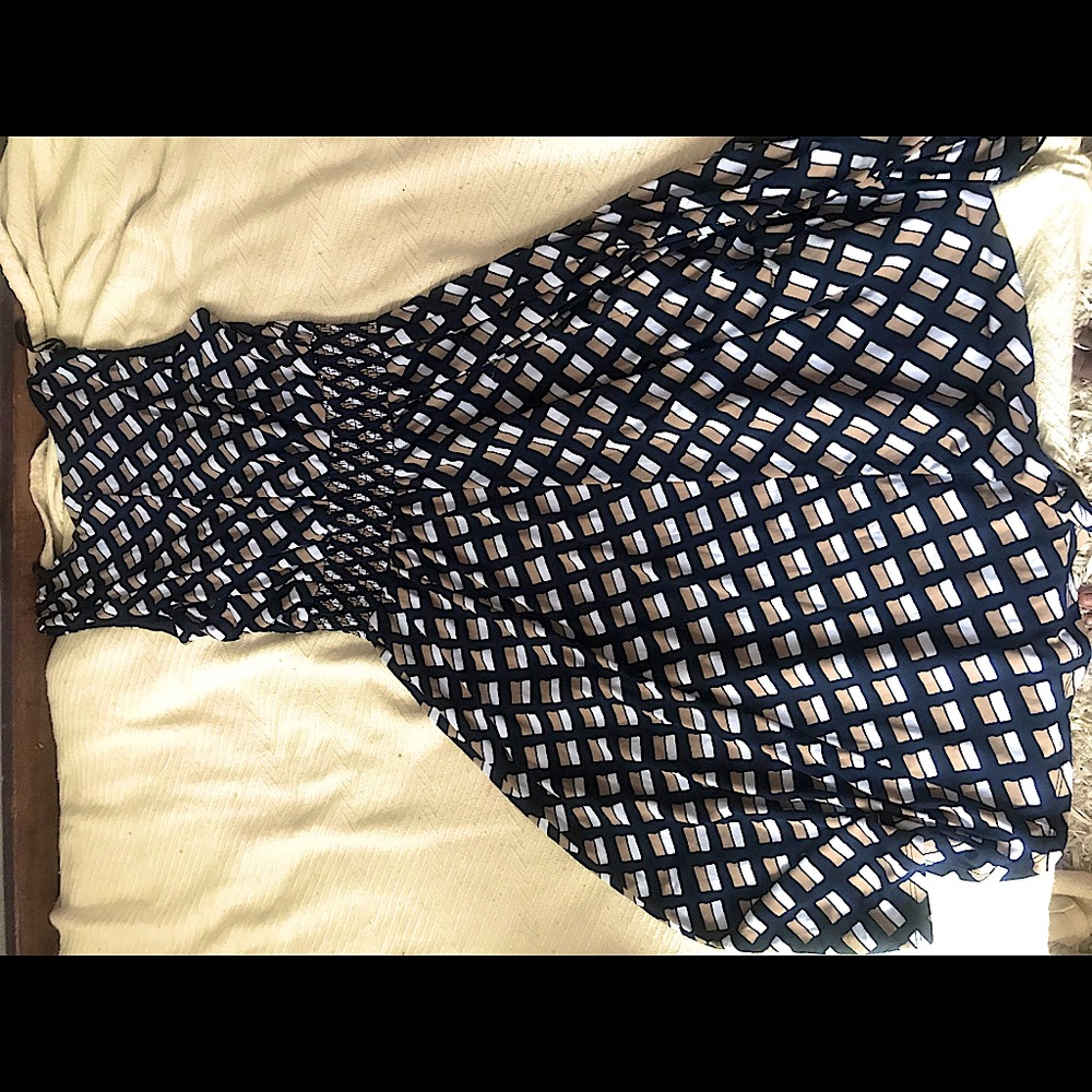 Dark blue dress with white and tan squares made by enfocus studio